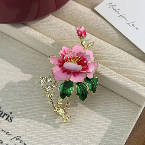 Vintage Emaille Pfingstrose Brosche Für Damen Rosa Strass Pflanze Blumen Abzeichen Schmuck Geschenk Für Hochzeit Bankett Party