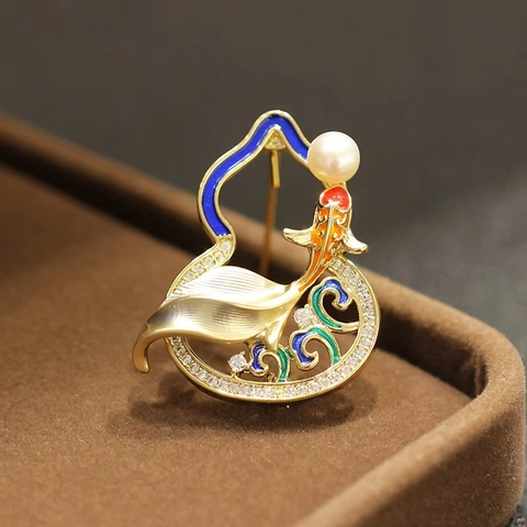 Broche Vintage de Estilo Chino Calabaza Koi Aleación Chapada en Oro Esmalte Perla Artificial Zirconia Pin Para Mujer Hanfu Decor