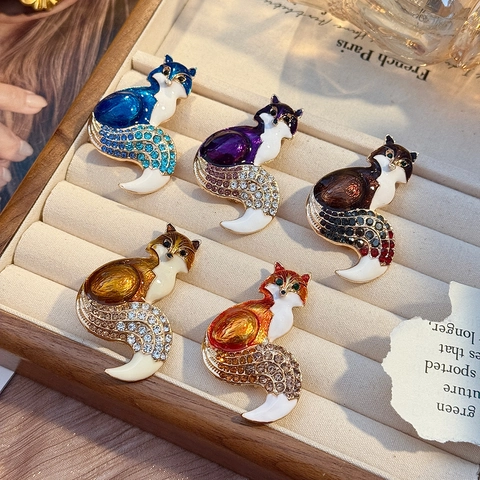 Broche Renard Vintage en Émail d'Alliage Avec Strass Incrustés Épingle de Revers Animale pour Femme Bijoux Cadeau pour Fête Banquet Accessoire