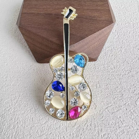 Spilla Chitarra Vintage Traforata Con Pietra Occhio Di Gatto Strass Lega Strumento Musicale Spilla Per Donna Uomo Gioielli