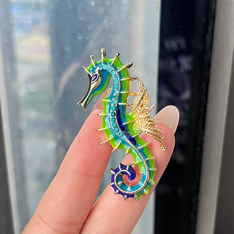 Broche Hippocampe Vintage en Alliage Émail Avec Strass Bleus Dégradés Épingles Animaux pour Femmes Bijoux Mode