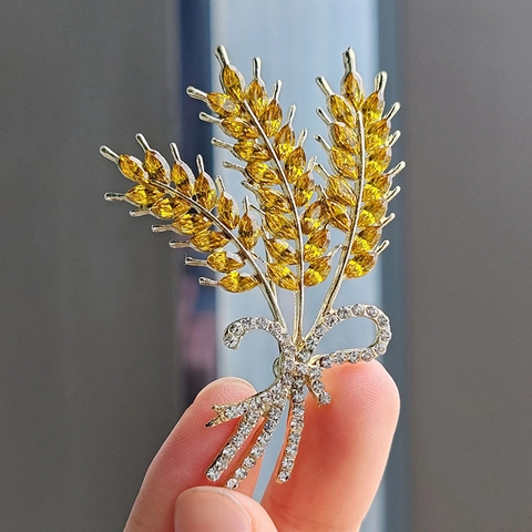 Elegant Zinc Alloy Rhinestone Wheat Ear Bow Brooch Gold Fashion Suit Coat Pin Jewelry Accessories For Unisex
