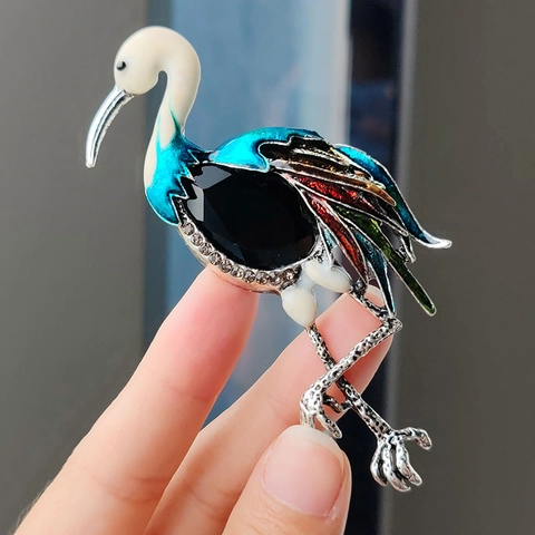 Vintage Legering Chinese Kraanvogel Broche Voor Vrouwen Gekleurde Emaille Vogel Speld Met Zwarte Strass Dier Sieraden Voor Bruiloft