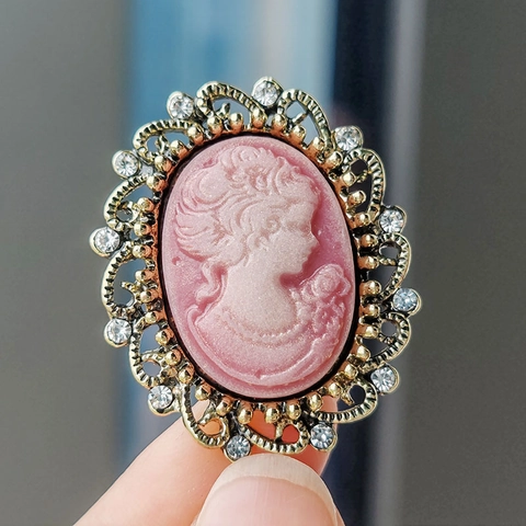 Broche de Camfeo de Dama Victoriano Vintage de Aleación y Resina con Retrato Incrustado de Diamantes para Mujer Fiesta Boda Joyería