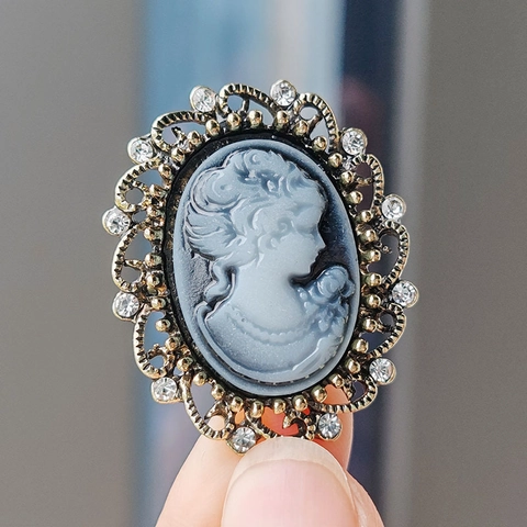 Broche de Camfeo de Dama Victoriano Vintage de Aleación y Resina con Retrato Incrustado de Diamantes para Mujer Fiesta Boda Joyería