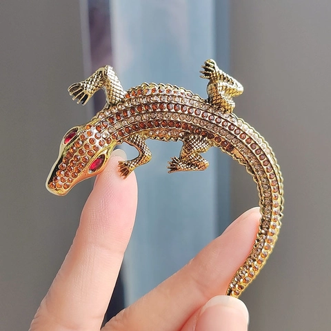 Spilla a Forma di Coccodrillo in Lega Vintage con Strass Elegante Spilla Animale per Donna Uomo Banchetto Festa Gioielli Accessori