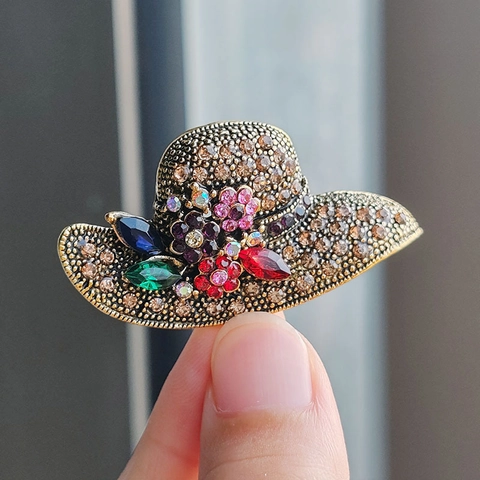 Broche de Sombrero de Sol Dorado Vintage para Mujer Elegante Pin de Solapa de Flor de Strass Decoración de Traje y Vestido