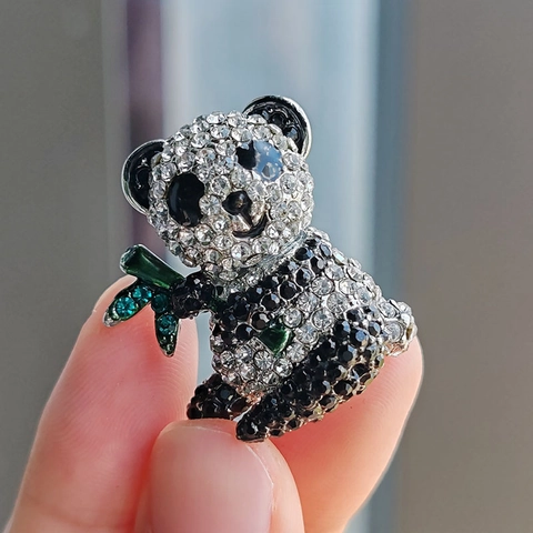 Broche de Panda de Aleación de Lujo Con Diamantes de Imitación Forma Animal Bambú Lindo Broche de Moda para Mujer Joyería