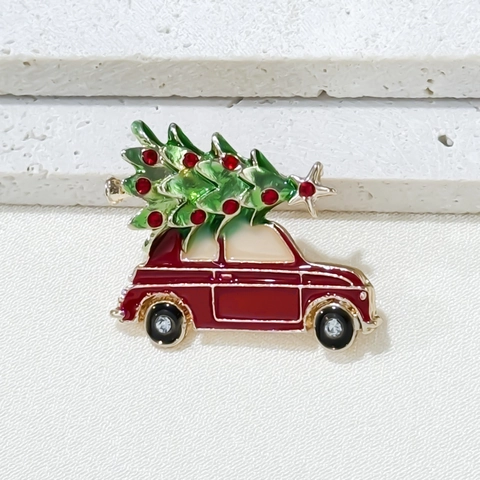 Feestelijke Kerstboom Rode Auto Broche Emaille Legering Strass Kerst Sieraden Cadeau Voor Feest Reversspeld Accessoire