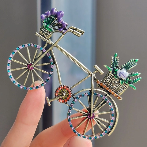 Vintage Gold Alloy Bicycle Brooch With Colorful Rhinestones Enamel Flowers Decorative Corsage Pin For Women Fashion Jewelry