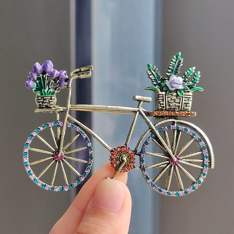 Vintage Gold Alloy Bicycle Brooch With Colorful Rhinestones Enamel Flowers Decorative Corsage Pin For Women Fashion Jewelry