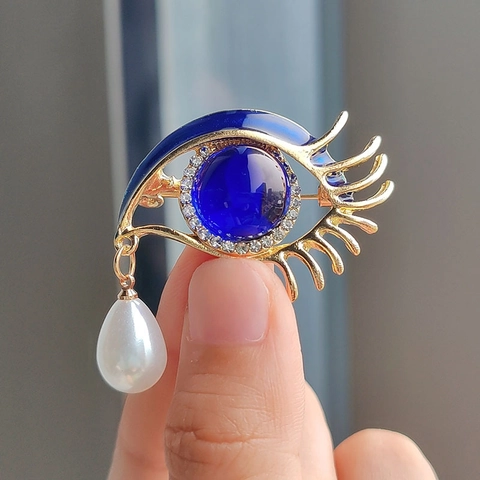 Vintage Alloy Evil Eye Brooch Pin With Rhinestone Enamel And Imitation Artificial Pearl Drop For Women Men Clothing Decoration Gift