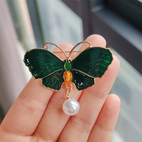 Elegant Alloy Butterfly Brooch For Women Vintage Enamel Wings Artificial Pearl Drop Rhinestone Pin For Suit Sweater Jewelry