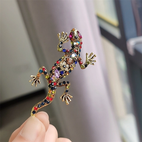 Vintage Alloy Gecko Lizard Brooch For Women Men Multicolor Rhinestone Pave Animal Shape Pin Fashion Clothing Accessories Gift