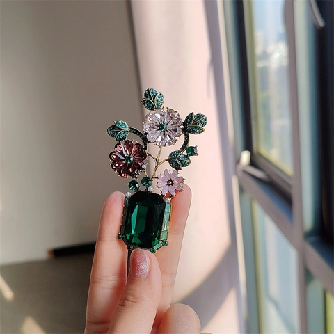Vintage Französischer Smaragdgrüner Kristall Blumenvase Brosche Strass Legierung Korsage Schmuck Für Damen Bankett Hochzeit