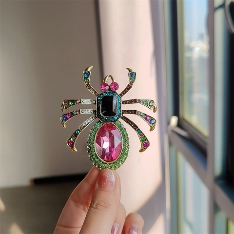 Vintage Alloy Rhinestone Spider Brooch Pin With Pink Crystal Colorful Insect Jewelry For Women Suit Coat Decoration