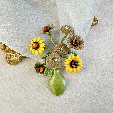 Vintage Sonnenblume Vase Brosche Für Damen Legierung Strass Elegant Botanisch Floral Anstecknadel Schmuck Zubehör Geschenk