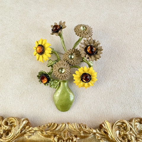 Vintage Sonnenblume Vase Brosche Für Damen Legierung Strass Elegant Botanisch Floral Anstecknadel Schmuck Zubehör Geschenk