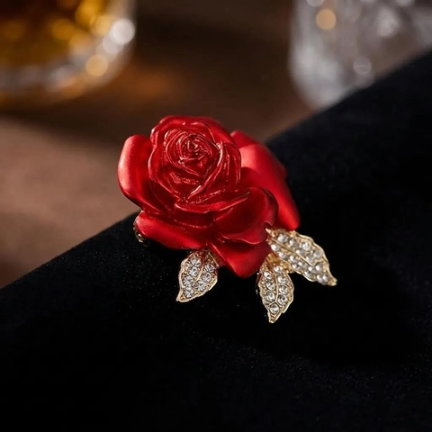 Elegante Broche de Rosa Roja para Mujer de Aleación con Diamantes de Imitación Flor Corsage para Boda Banquete Traje Joyería de Moda