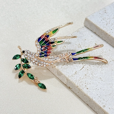 Broche de Golondrina de Aleación Esmalte Colorido Con Diamantes de Imitación Blancos y Rama de Olivo Verde para Accesorios de Ropa de Mujer