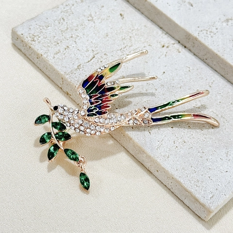 Broche de Golondrina de Aleación Esmalte Colorido Con Diamantes de Imitación Blancos y Rama de Olivo Verde para Accesorios de Ropa de Mujer