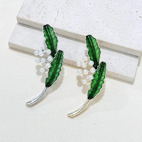 Broche de Hoja de Esmalte Vintage Con Perla Artificial de Imitación Aleación Chapado en Oro Plata Planta Flor Pin Para Mujer Joyería