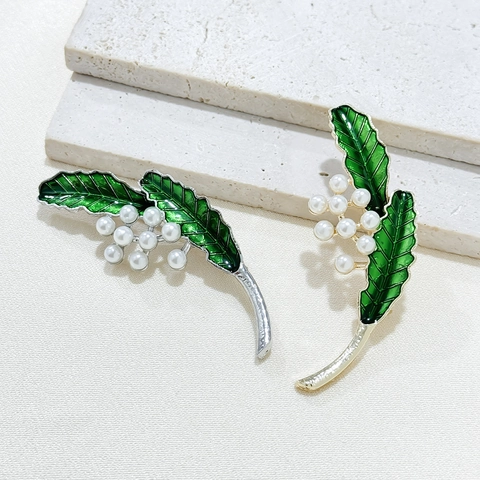 Broche de Hoja de Esmalte Vintage Con Perla Artificial de Imitación Aleación Chapado en Oro Plata Planta Flor Pin Para Mujer Joyería
