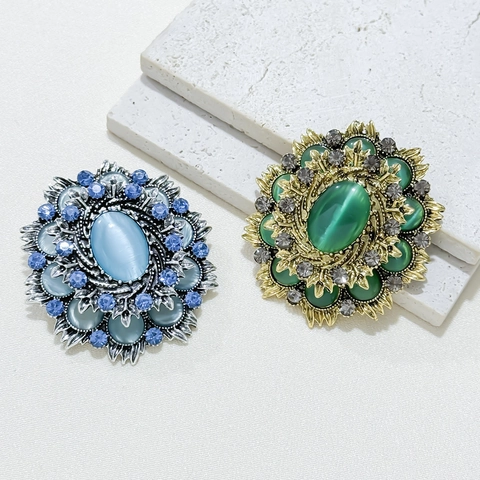 Spilla Vintage Barocca con Pietra Occhio di Gatto per Donna in Lega con Strass Design Floreale Radiale Elegante per Abito