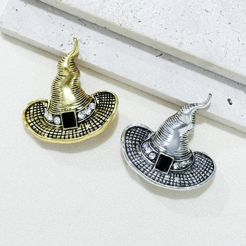 Spilla Cappello da Strega in Lega Retrò Vintage Halloween Pin Strass Galvanico Accessorio per Abbigliamento Donna Gioielli