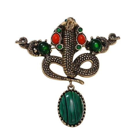 Vintage Antiek Goud Legering Slang Cobra Speld Met Groene Rode Strass Steentjes En Kunstmalachiet Hanger Voor Vrouwen Sieraden Cadeau