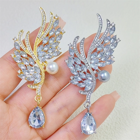 Angel Wings Alloy Rhinestone Brooch Elegant Artificial Pearl Drop Corsage For Women Wedding Banquet Party Clothing Accessory
