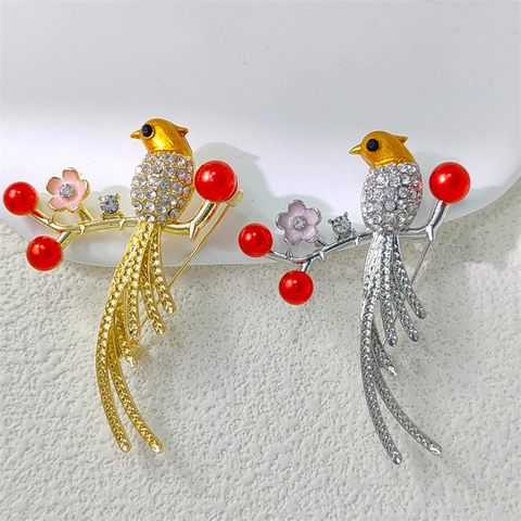 Spilla Vintage con Gazza su Ramo in Lega con Strass Smalto e Künstliche Perle d'Imitazione Fiore Uccello Gioielli da Donna Regalo