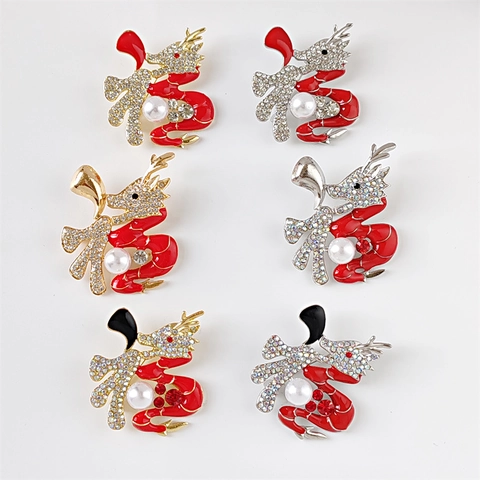 Chinese Zodiac Dragon Fu Character Brooch Pin For Men Women Gold Silver Plated Enamel Red Rhinestone Artificial Pearl Jewelry Gift