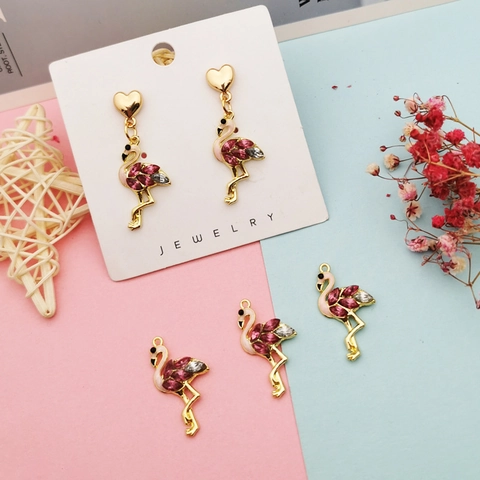 Fashion Flamingo Charm Pendant Alloy Enamel Rhinestone Accessory For DIY Earring Necklace Jewelry Making Gold Pink Girls Gift