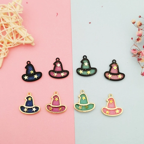 DIY Magic Wizard Hat Alloy Pendants For Jewelry Making Colorful Enamel Witch Hat Charms With Stars Halloween Earring Accessories