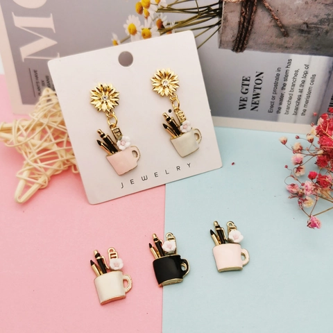 Alloy Enamel Sunflower Stationery Cup Charms For DIY Jewelry Making Earrings Necklace Miniature Pencil Ruler Pendant Accessories