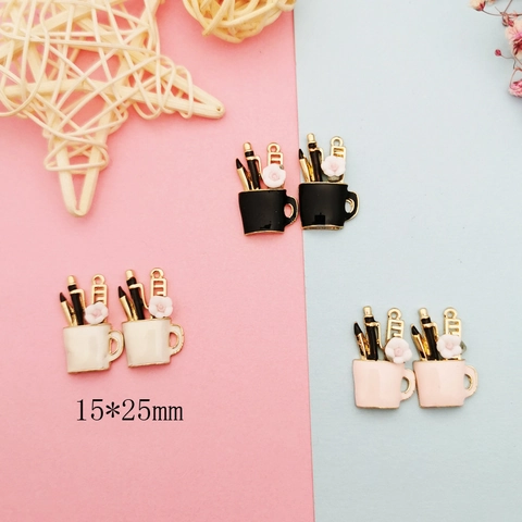 Alloy Enamel Sunflower Stationery Cup Charms For DIY Jewelry Making Earrings Necklace Miniature Pencil Ruler Pendant Accessories