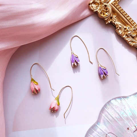 Elegant Alloy Enamel Tulip Flower Hook Earrings For Women Fresh Style Pink Purple Floral Dangle Fashion Jewelry Accessories