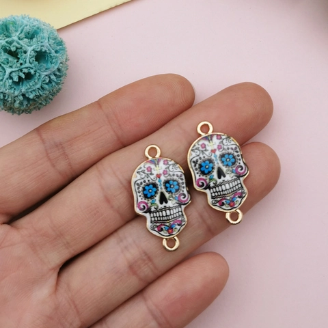 Sugar Skull Emaille Anhänger Doppelöse Blumen Totenkopf Verbinder Für Tag Der Toten Halloween DIY Schmuckherstellung Legierung