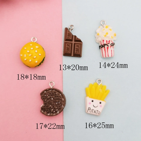 Pendentifs en Résine Forme de Nourriture Miniature Hamburger Frites Popcorn Biscuit Chocolat Charmes pour Bijoux DIY Boucles d'Oreilles
