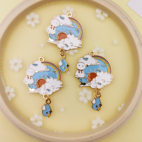 DIY Alloy Enamel Cartoon Sunny Doll Pendant With Rainbow Cloud Sun Raindrop Charms For Necklace Keychain Jewelry Making