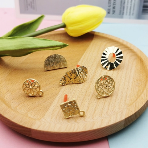 Gold Plated Alloy Geometric Earring Findings DIY Jewelry Components Hammered Brushed Texture Earring Posts For Women Jewelry Making