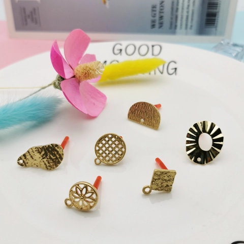 Gold Plated Alloy Geometric Earring Findings DIY Jewelry Components Hammered Brushed Texture Earring Posts For Women Jewelry Making