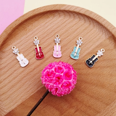 Legierung Emaille Gitarre Musikinstrument Anhänger Mit Strass Blume Für DIY Schmuckherstellung Armband Halskette Zubehör