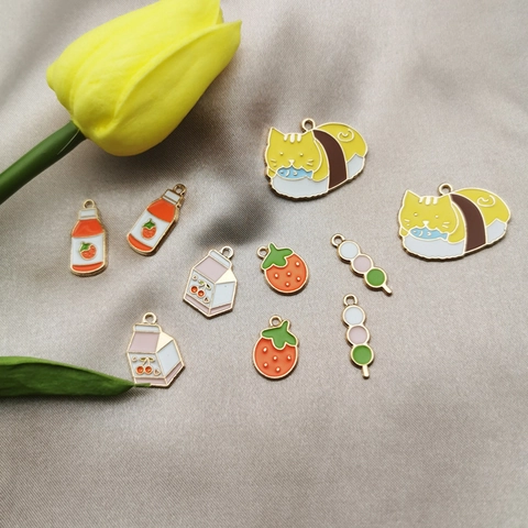 Kawaii Alloy Enamel Cat Strawberry Charms For Jewelry Making DIY Earring Keychain Necklace Bracelet Pendant Accessories