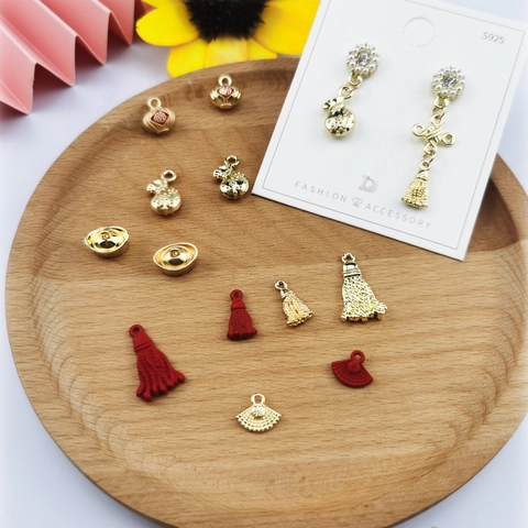 Chinese Style DIY Jewelry Pendants Alloy Red Gold Fan Chinese Knot Tassel Fortune Bag With 925 Sterling Silver Earring Post