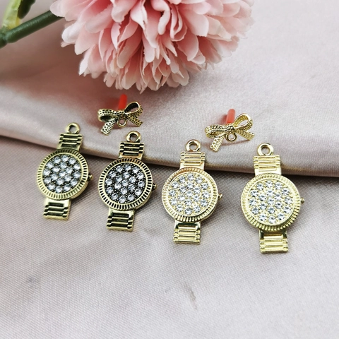 Vintage Legering Strass Horloge Strik Oorknopjes Hangers Voor Sieraden Maken Goud Antiek Goud DIY Accessoire
