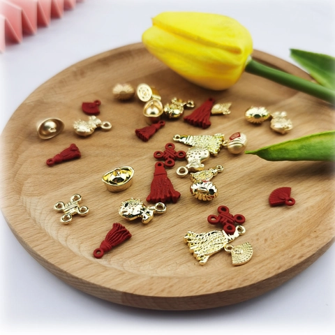 Chinese Style DIY Jewelry Pendants Alloy Red Gold Fan Chinese Knot Tassel Fortune Bag With 925 Sterling Silver Earring Post