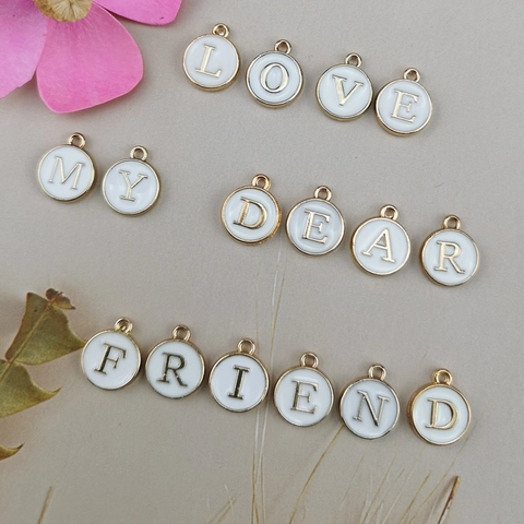 Round Double Sided Enamel Letter Alphabet Charms Alloy Gold Plated White Pendant For DIY Bracelet Necklace Jewelry Making