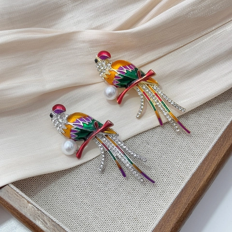Broche Perroquet en Émail Vintage pour Femmes Alliage Strass Oiseau Broche Avec Fausse Künstliche Perle Décoratif Mode Bijoux Broches